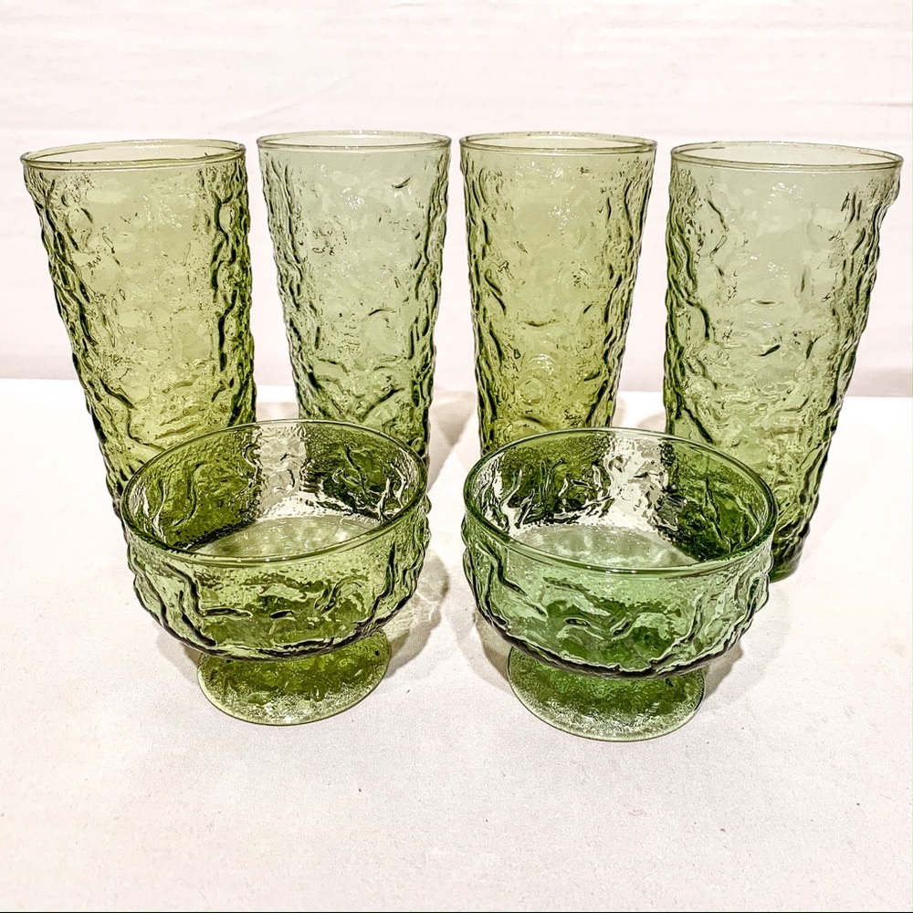 Vintage Green Tinted Glass and Desert Cup Set
